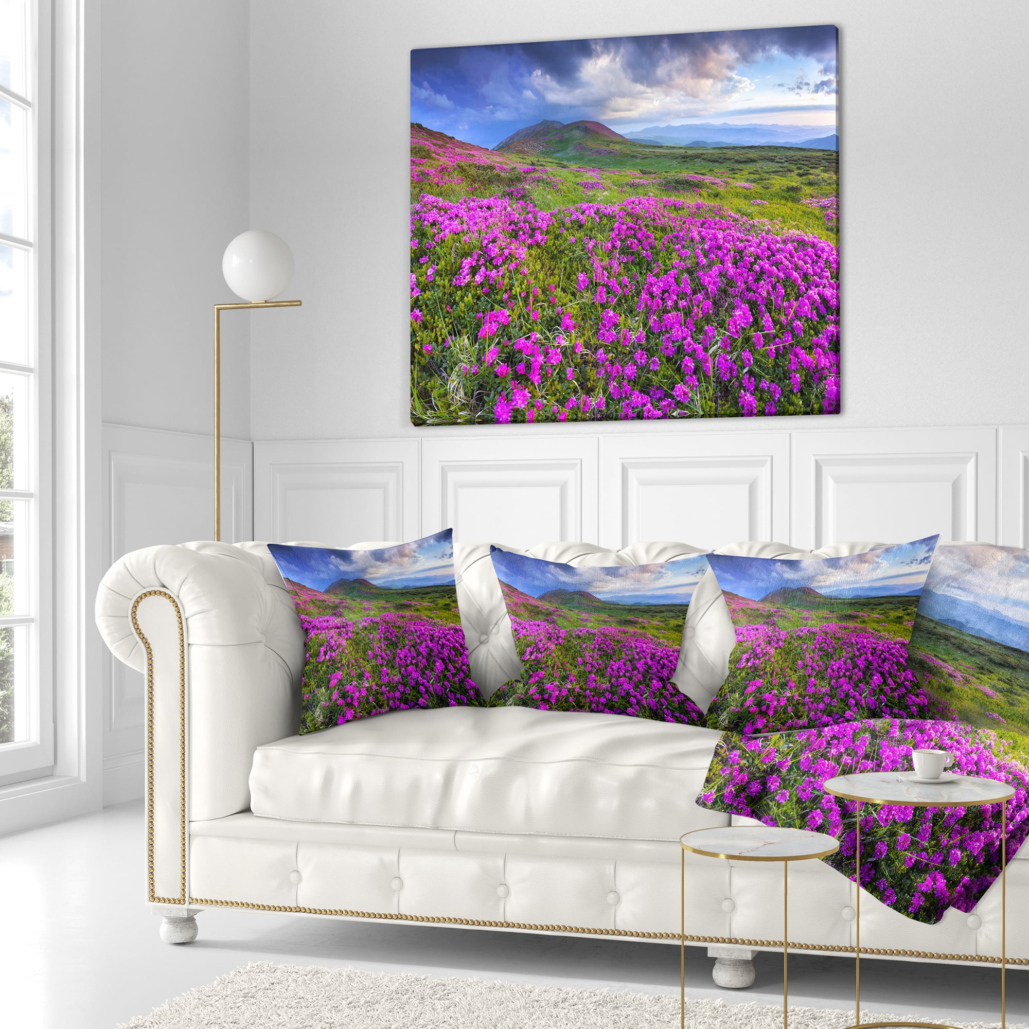 Designart Rhododendron Flowers in Mountains - Landscape Photography Throw Pillow - 16x16