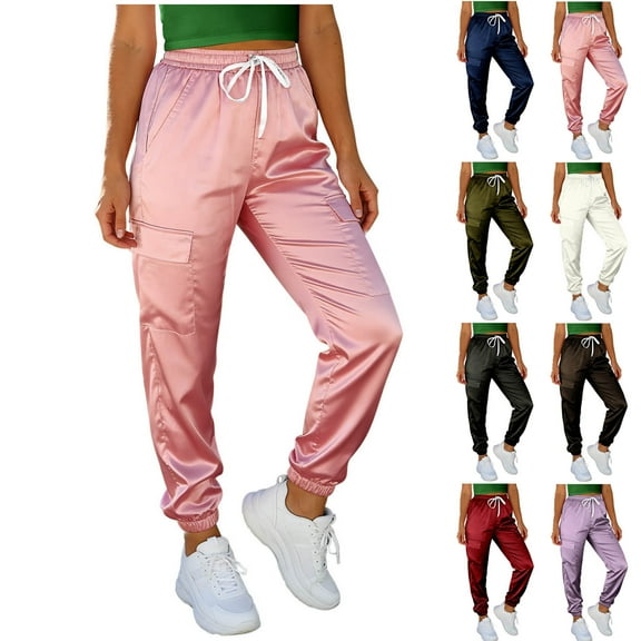 FRSASU Women Satin Pants Silk Wide Leg Pockets Trousers Cargo Joggers Drawstring Going Out Concert White