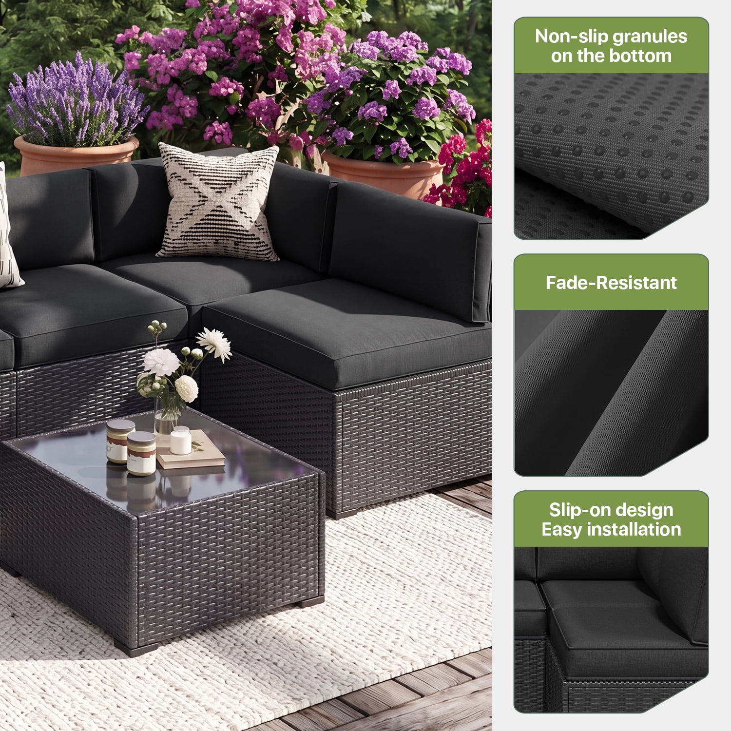 BaPiPro 14 Pack Black Outdoor Patio Sofa Cushion Replacement Covers, Fade‑Proof, Waterproof & Zippered, Wear‑Resistant, Stain‑Resistant Easy‑to‑Clean Slipcovers for Rattan Sectional Furniture