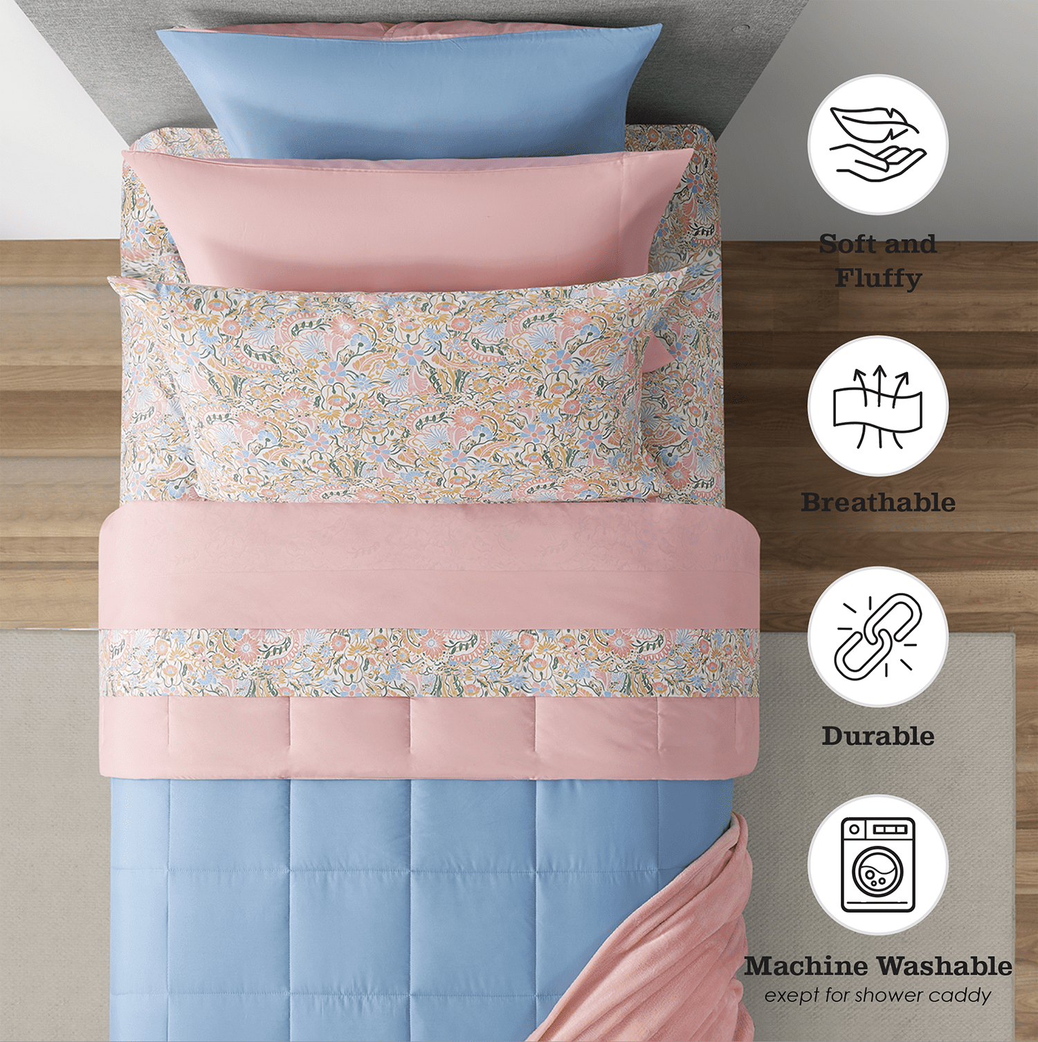 14pc College Dorm Essentials Bundle, Twin-XL, Reversible Bed in a Bag Comforter Set, Light Blue and Pink
