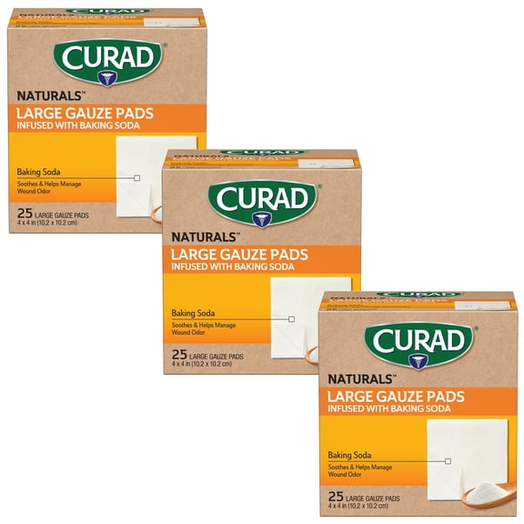 Curad Naturals Large Gauze Pads with Baking Soda, 4" x 4" 25 Count ( 3 Pack)