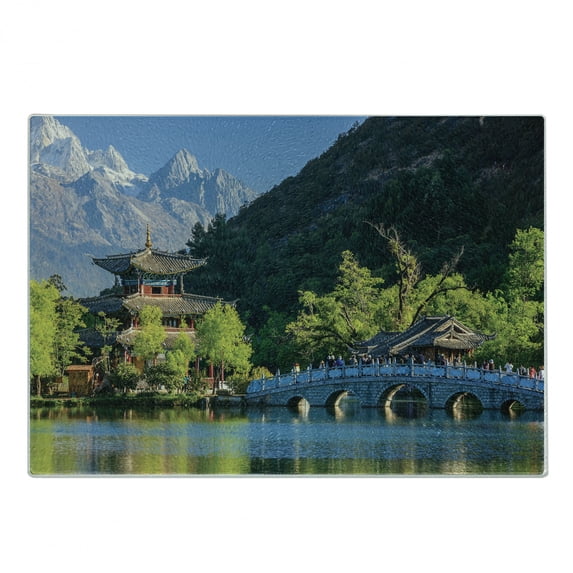 Vintage China Cutting Board, Old Town Scene of Lijiang Black Dragon Pool Park Jade Dragon Snow Mountain, Decorative Tempered Glass Cutting and Serving Board, Small Size, Multicolor, by Ambesonne