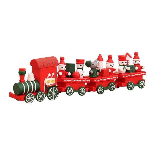 Red Wooden Christmas Train Set Ornament For Window Display, Kids Gift And Home Holiday Scene Decor