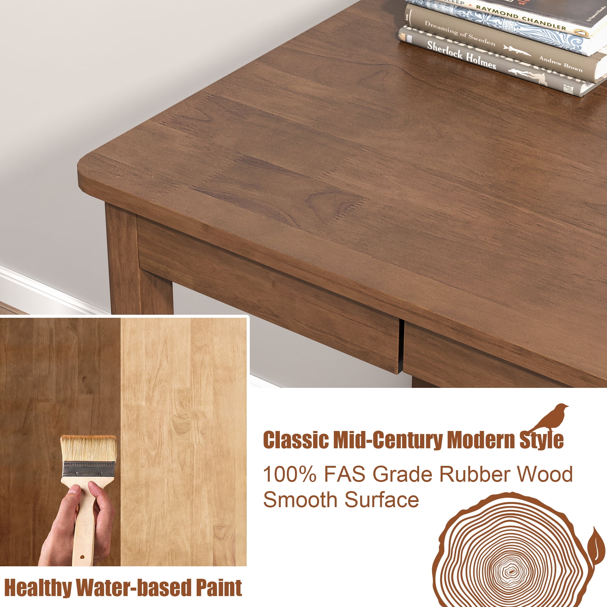 BESKADI 100% Solid Wood Desk with Keyboard Tray - 48 x 24 Inch Computer Desk with Keyboard Tray, Mid Century Modern Writing Desks, Simple Study Table Home Office Desks for Small Spaces|Bedroom-Walnut