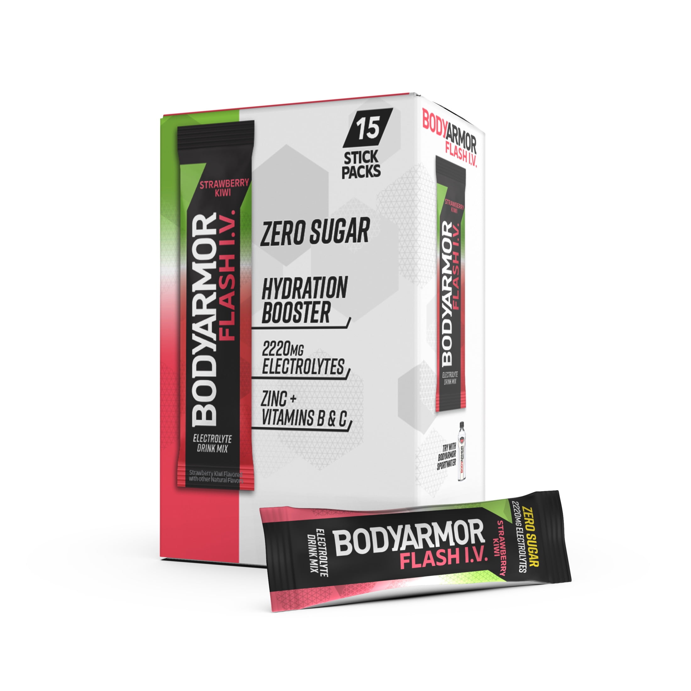 (2 pack) BODYARMOR Flash I.V. Strawberry Kiwi Zero Sugar Electrolyte Powder Mix, 0.25 dry oz, 15 Pack