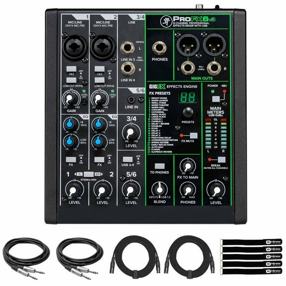 Mackie ProFX6v3 6 Channel Professional USB Effects Mixer with Sure-Fit XLR Cables Package