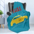 thumbnail image 4 of Retro Soft Flannel Fleece Throw Blanket, Old Cab Car with Grunge Taxi Typography Automobile 90s Graphic Design, Cozy Plush for Indoor and Outdoor Use, 50" x 70", Petrol Blue Yellow, by Ambesonne, 4 of 5