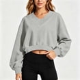 thumbnail image 4 of Hurxie Cropped Sweatshirt for Women, V Neck Acid Wash Crop Pullover, Soft Fleece Long Sleeve Sweatshirt for Women Gray,M, 4 of 6