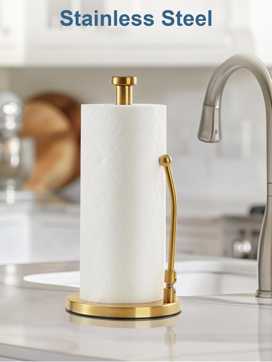 Paper Towel Holder, Paper Towel Dispenser Standing Weighted Base Non Slip, Spring Arm for Easy Tear, Stainless Steel Paper Towel Holder for Home Kitchen Countertop Tabletop, Silver