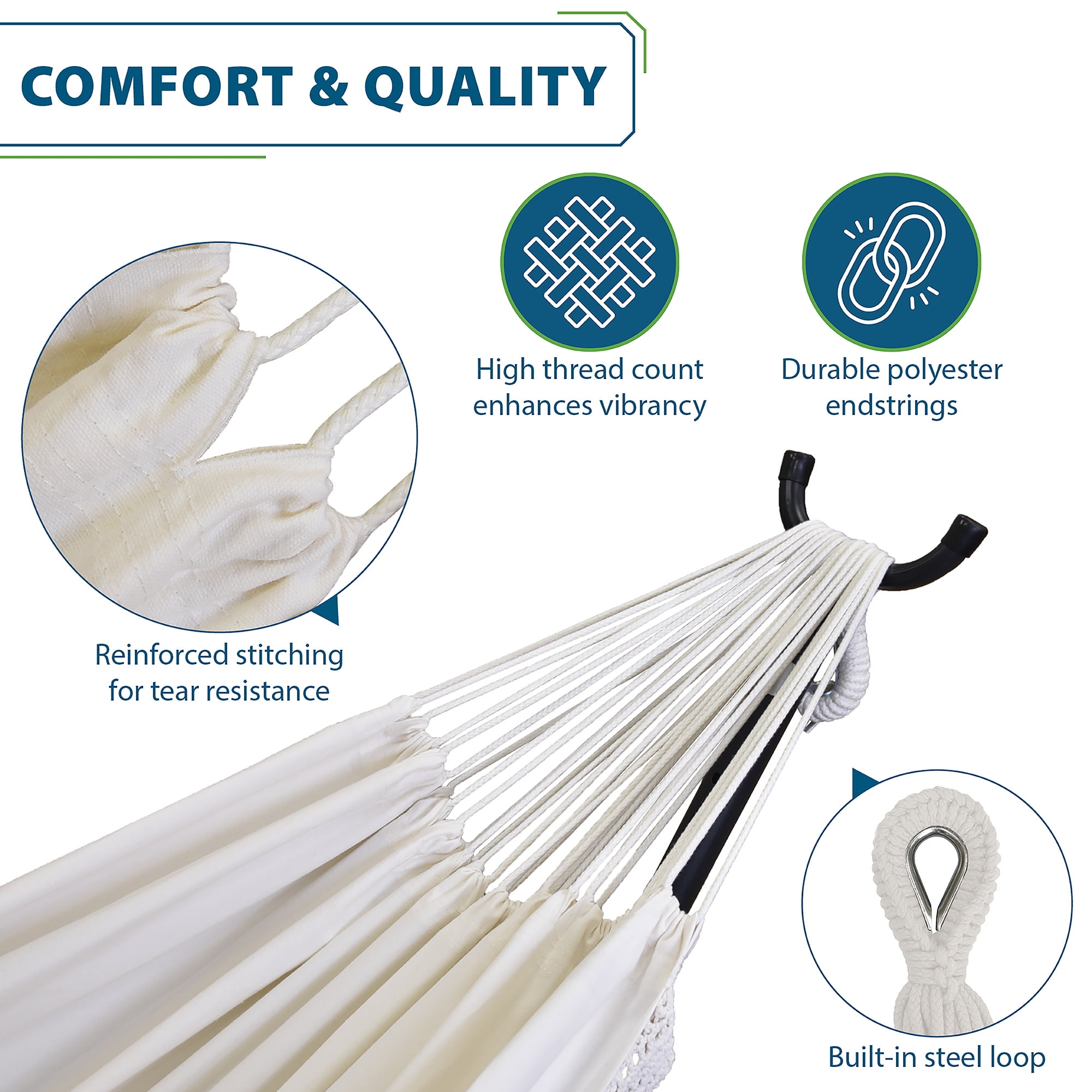 Vivere Double Cotton Hammock, Comfortable Daybed with Wood Frame, 8', Natural