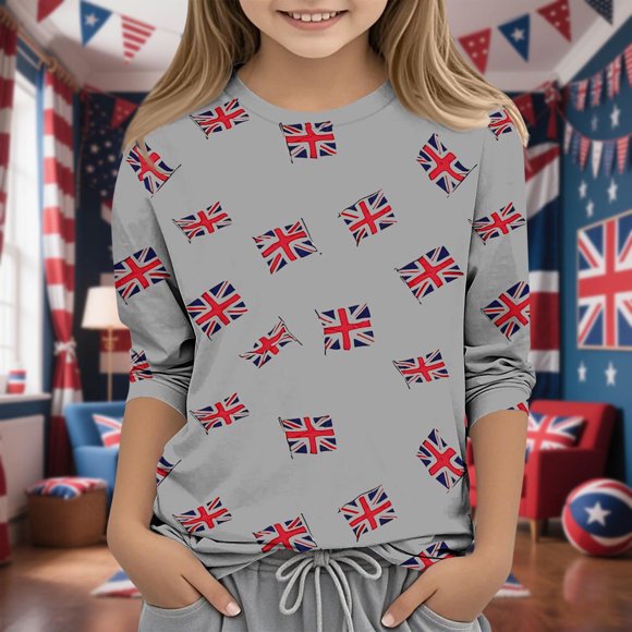 MKOSPLRT Boys Girls British Flag Shirts 3/4 Sleeve Lounge Tshirts Crew Neck Summer Tops Funny Holiday Graphic Tees 3-12 Years