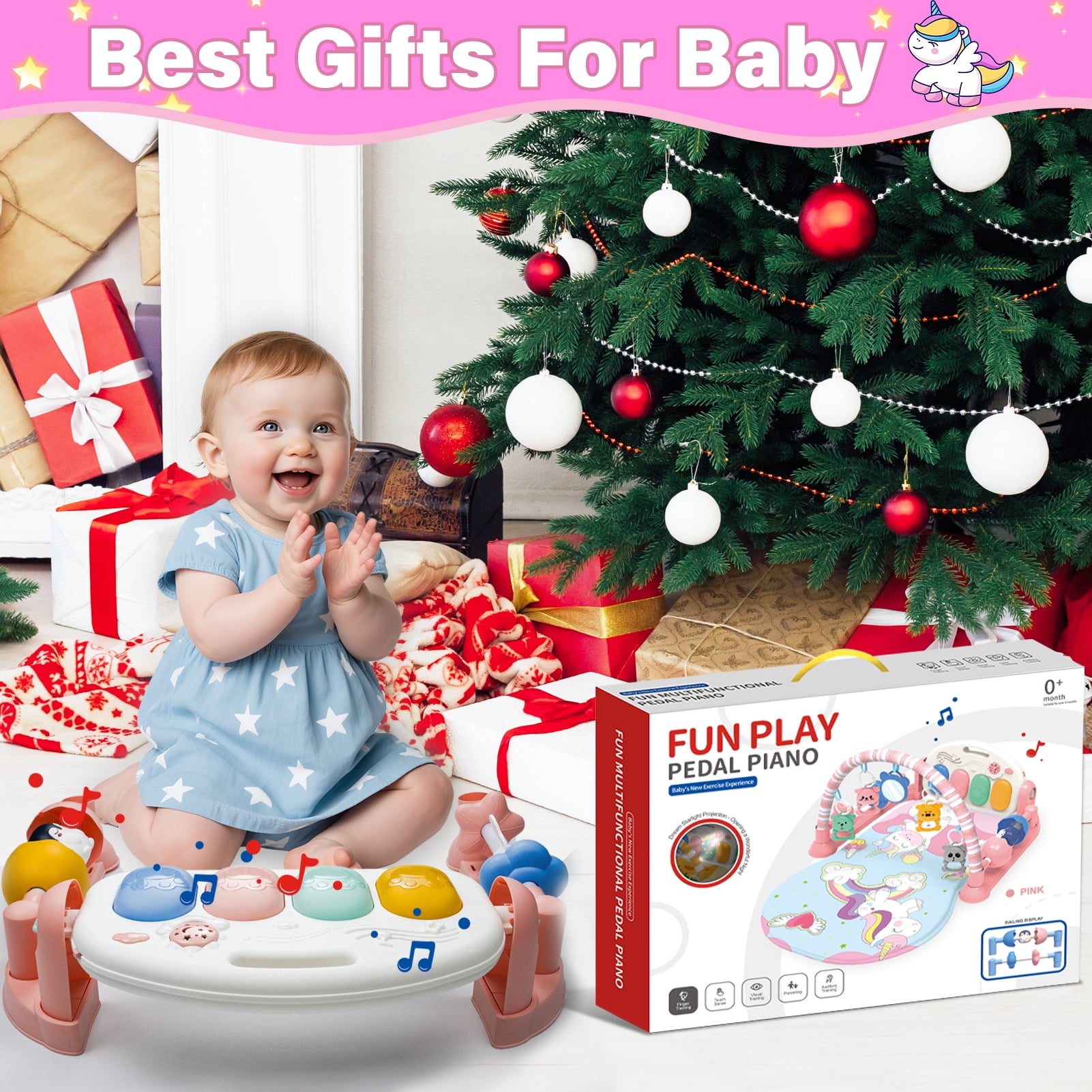 LINXUXIE 2 in 1 Baby Gym Playmat with Music and Lights,Infant Tummy Time Mat with 5 Sensory Montessori Toys & Mirror,Newborn Gifts for 0-3 6-12 Month