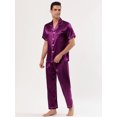 thumbnail image 3 of Conjunto de pijama de satén para hombre, ropa de dormir, manga corta, con botones, ropa de noche, conjunto de ropa de estar Borgoña Morado M, 3 of 5