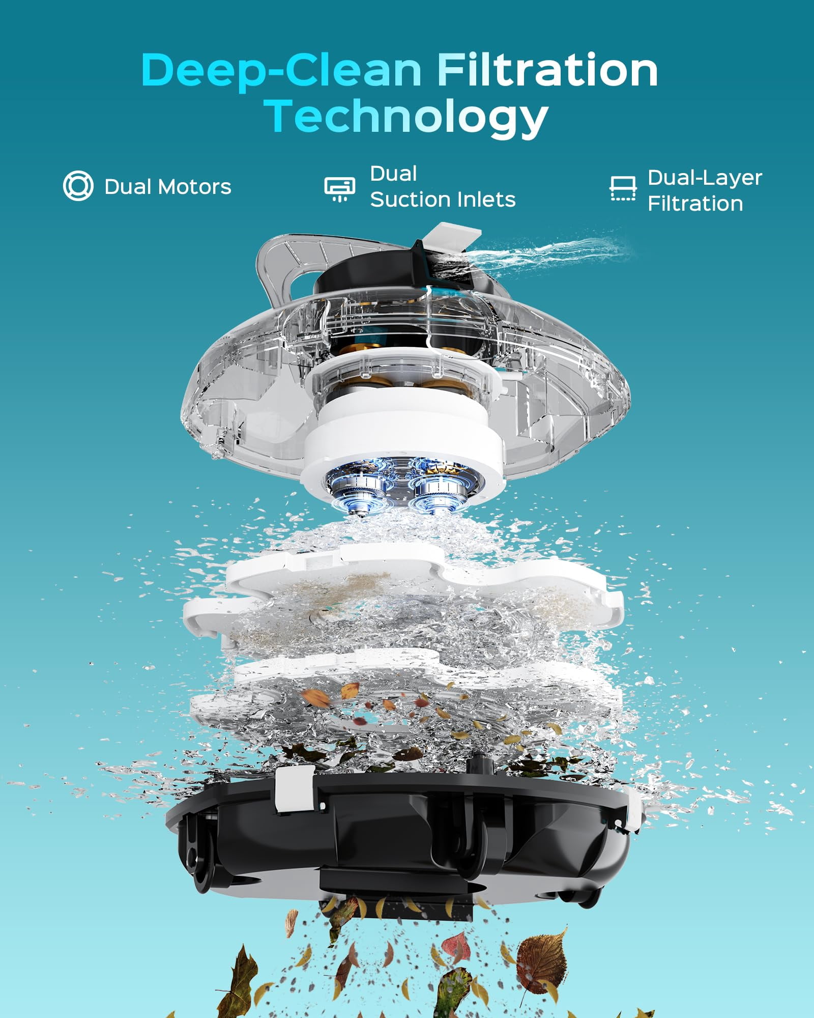 WYBOT Cordless Robotic Pool Cleaner, Lasts 80 Min, Automatic Vacuum for Above-Ground Pools up to 645 Sq.ft,Portable, Self-Parking, Transparent Black