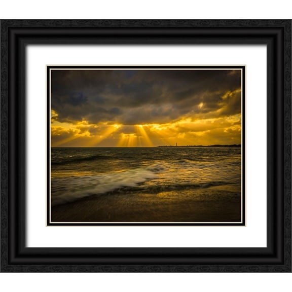 Jaynes Gallery 32x26 Black Ornate Wood Framed with Double Matting Museum Art Print Titled - New Jersey-Cape May National Seashore Sunset on ocean shore