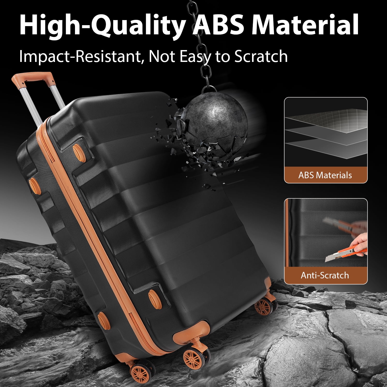 SUGIFT 3 Piece Expandable ABS Hardshell Luggage Sets Spinner Wheel Suitcase TSA Lock Suit Case, Black/Brown, 20/24/28 Inch