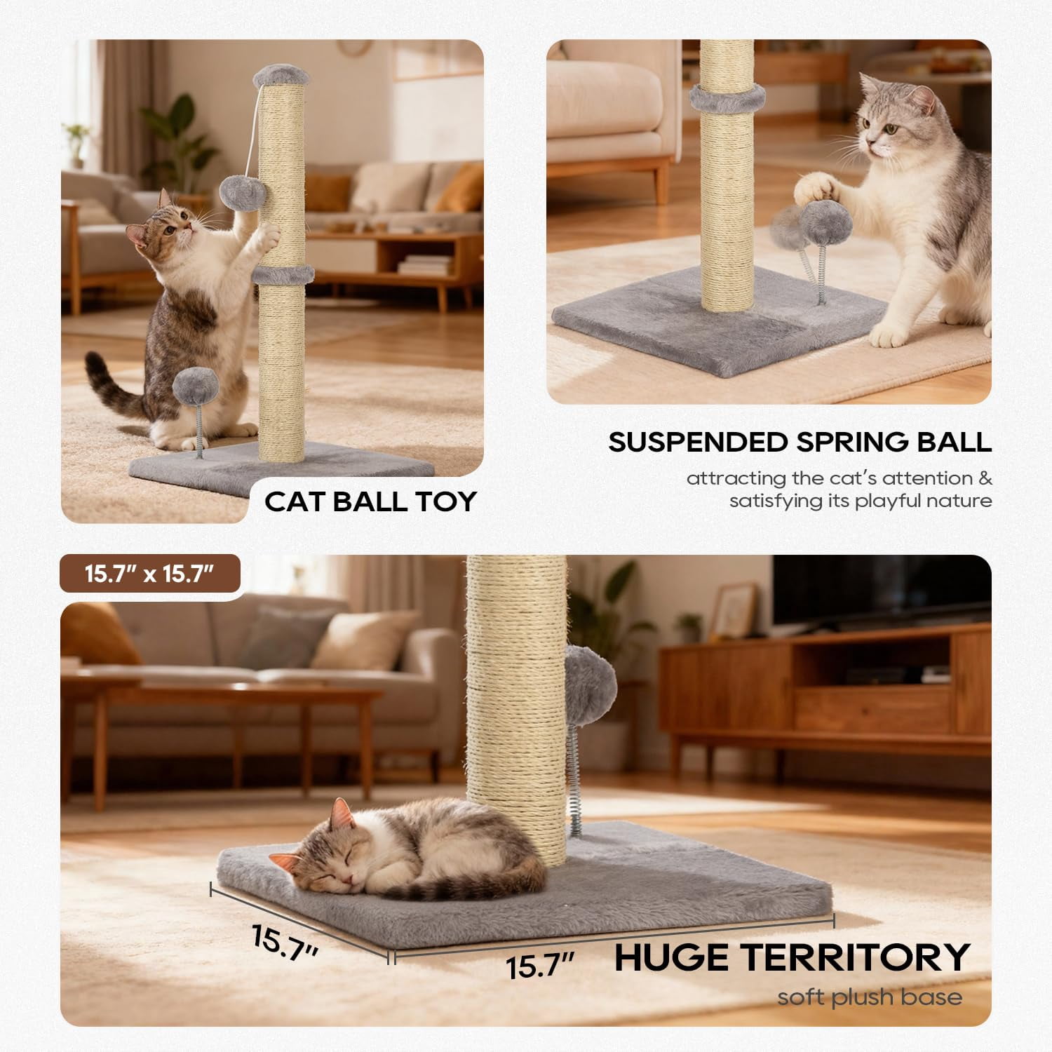 XF XINFENG 33 Inch Cat Scratching Post Cat Scratcher Natural Sisal Rope Scratch Post Trees with Hanging Ball for Indoor Cats and Adults , Gray