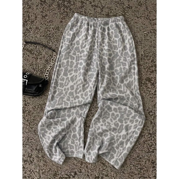 Women's Leopard Print Sweatpants Elastic Waist Wide Leg Pants