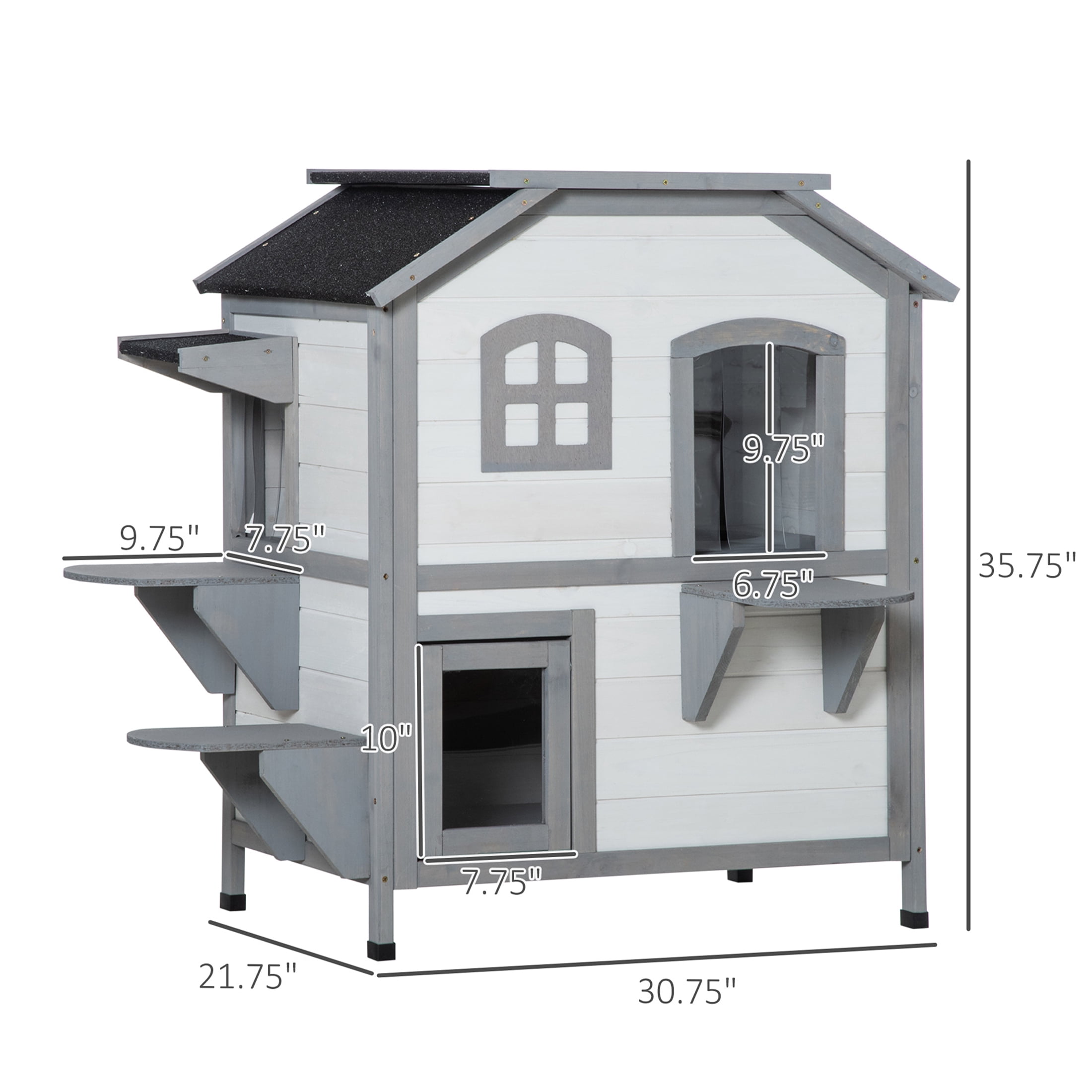 JERFIT Outdoor Cat House, 2-Story Wooden Catio with Escape Door, Waterproof Asphalt Roof, Jumping Platforms, for Feral & Indoor Cats, Easy Assembly, White