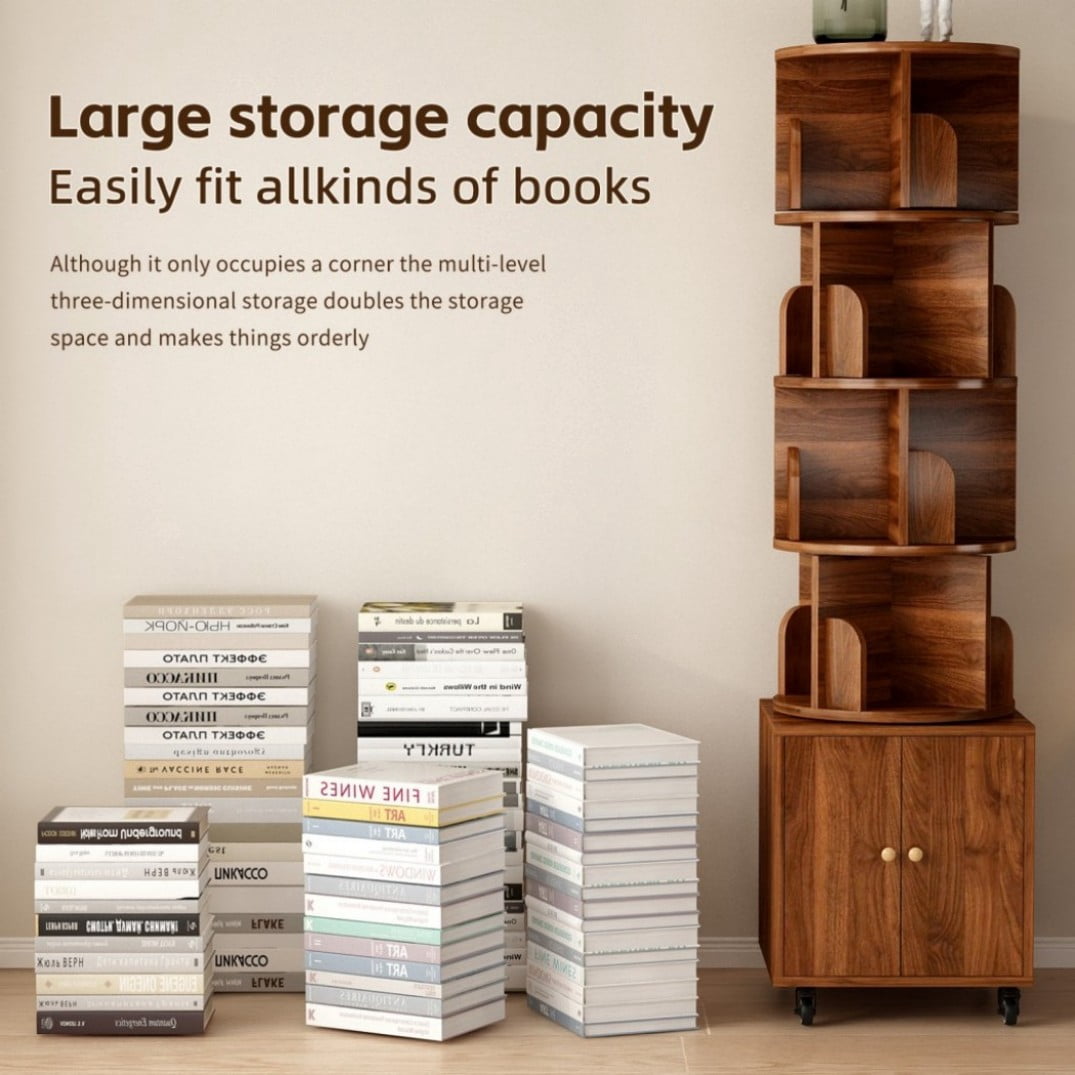 5-Tier Rotating Bookshelf with Drawer, 360° Spinning Corner Bookcase, Narrow Space-Saving Floor Standing Storage Rack for Bedroom, Living Room & Small Spaces, Walnut