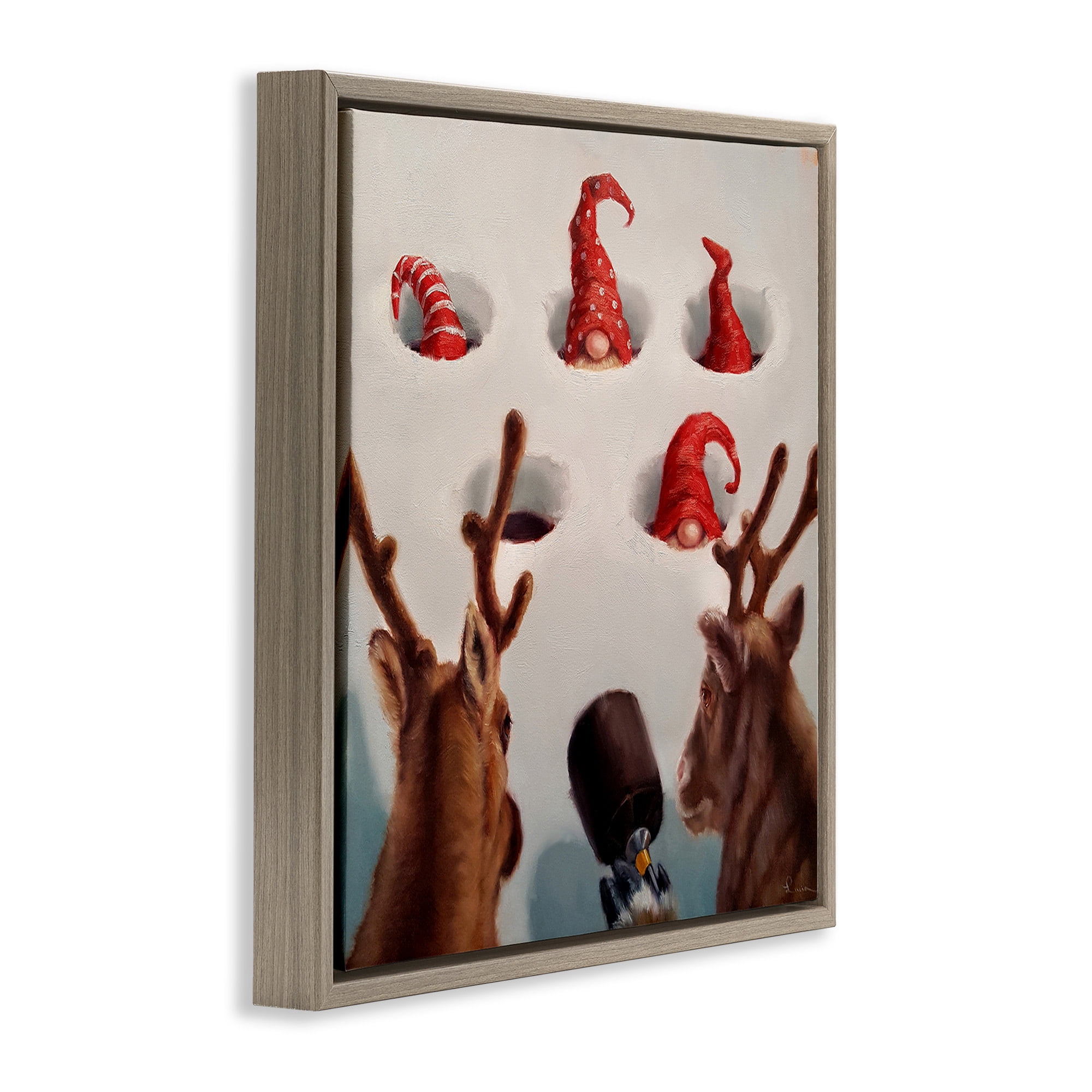 Stupell Industries Holiday Whack an Elf Humor Animals & Insects Painting Brown Floater Framed Canvas Art Print Wall Art, 18 x 18