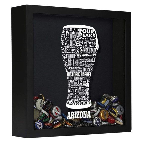 Torched Arizona Beer Cap Shadow Box Wall Mount Decor 13"x13"x3" Black