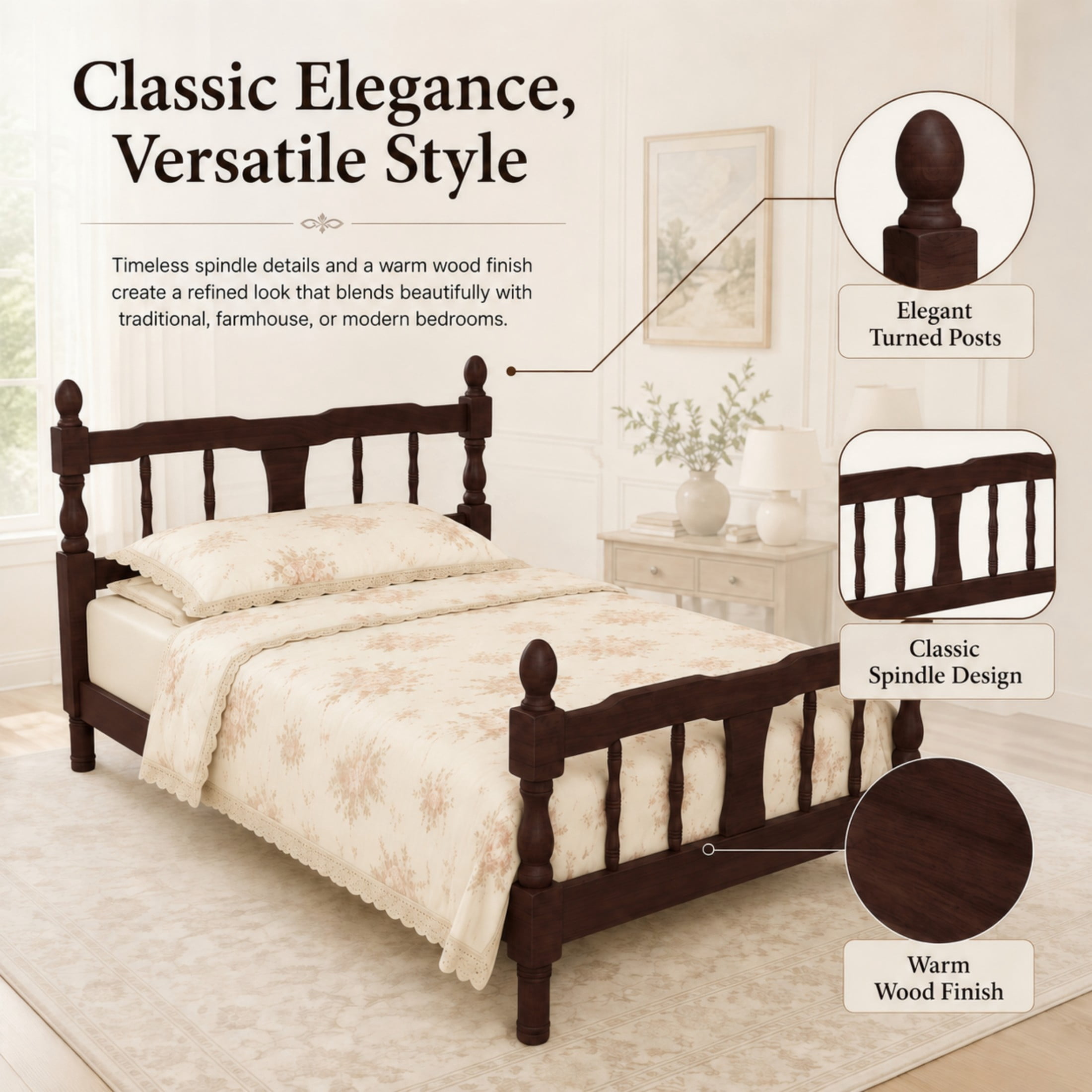 GDF Studio Betty Twin Size Wooden Platform Bed Frame with Spindle Headboard, Traditional Farmhouse Style, Dark Walnut
