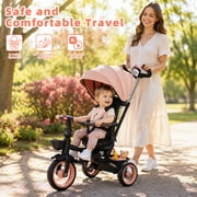 XJD 7-in-1 Toddler Bike with Push Handle for Ages 1-4, Foldable Lightweight Toddler Tricycle Stroller, Convertible Push Trike with Safety Harness, Pink