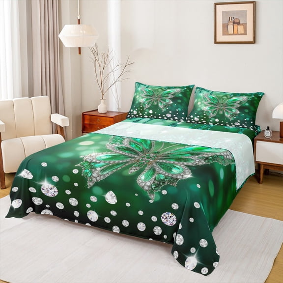 jejeloiu Chic Butterfly Twin Sheet Sets,Diamond Moth Twin Fitted Sheet,Green Sliver Flat Sheet For Girls Kids,Luxury Bedroom Decor,3-Piece