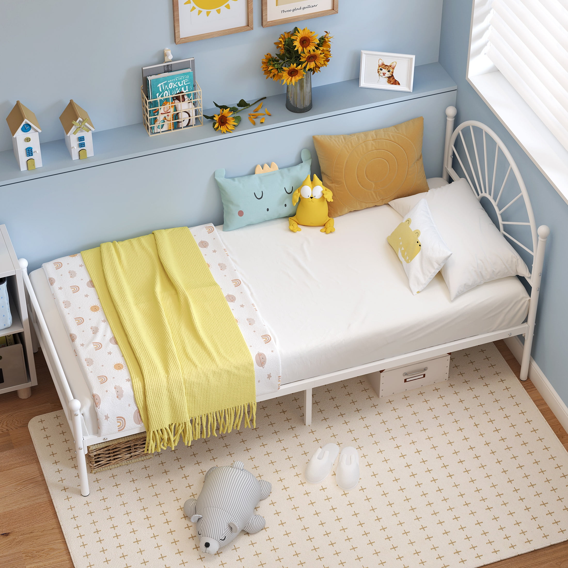 Yoneston Twin Metal Bed Frame with Unique Sun Curve Shape Headboard for Teens Kids Toddlers Bedroom Furniture, White