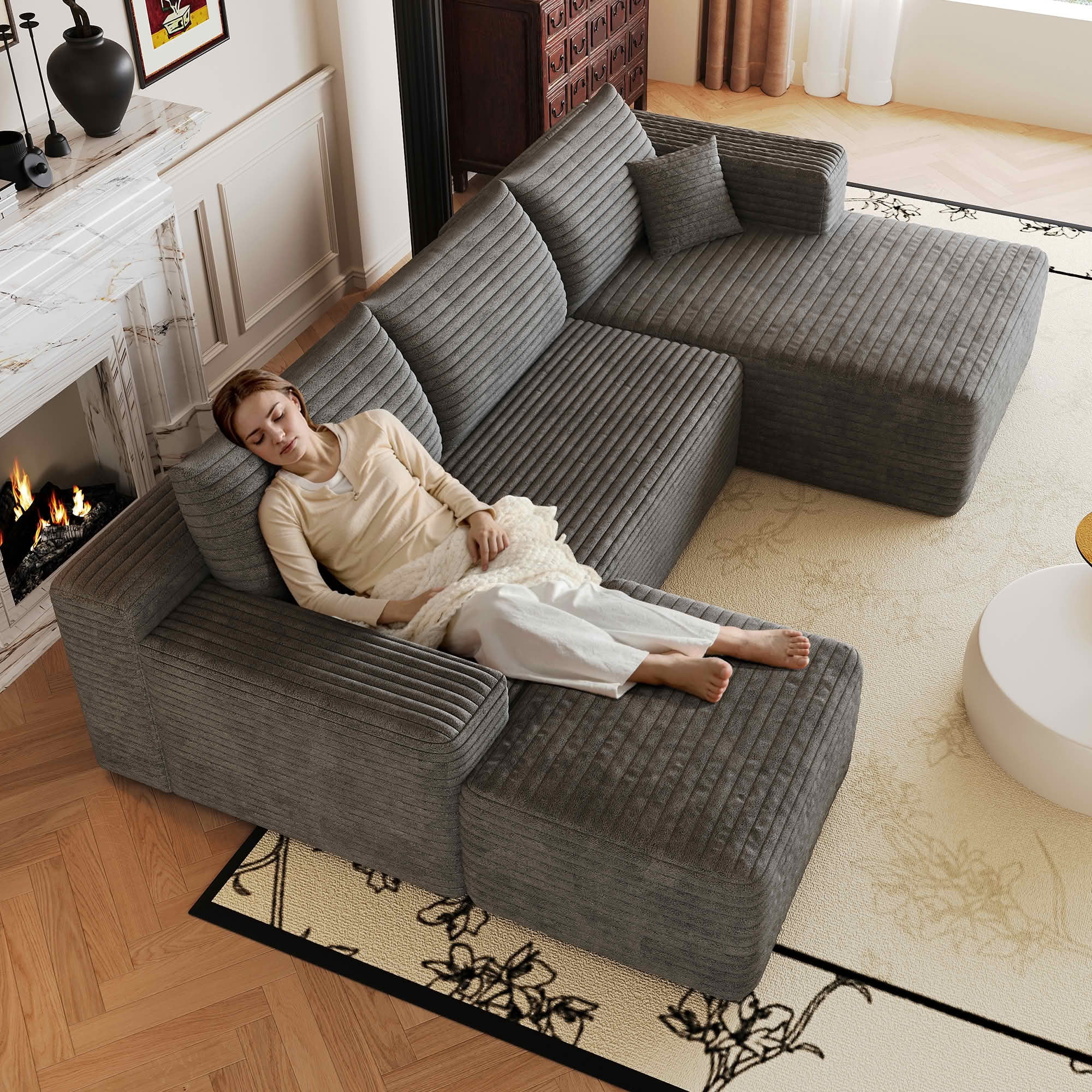 MAYEERTY 103 Inch Cloud L Shaped Sectional Sofa, Plush Corduroy Deep Seat Corner Couch, No Assembly Modern Minimalist Sofa for Living Room Apartment