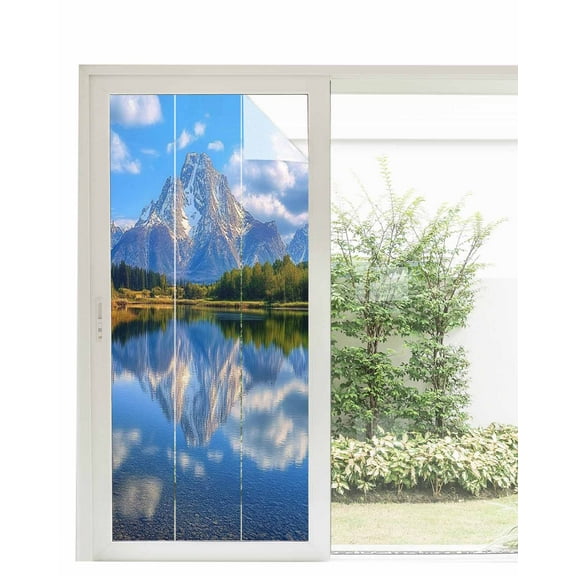 Window Privacy Film Blue Mountain Stained Glass Window Film Decorative Sun Block Window Cover Modern Art Green Forest Lake Window Clings Static Adhesive Sticker for Bathroom 35.4"x78.7"