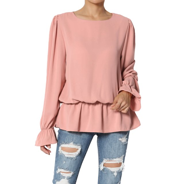 TheMogan Women's S~XL Puff Long Sleeve Shirred Drop Waist Chiffon Ruffle Peplum Blouse