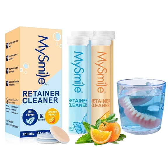 MySmile 120pc Retainer Cleaner Tablets Denture Cleanser for Invisalign, Teeth Whitening Tray, Mouth Guard Cleaner, Water Flosser Tank, Tea & Coffee Cup, Fast Remove Stains, Mint