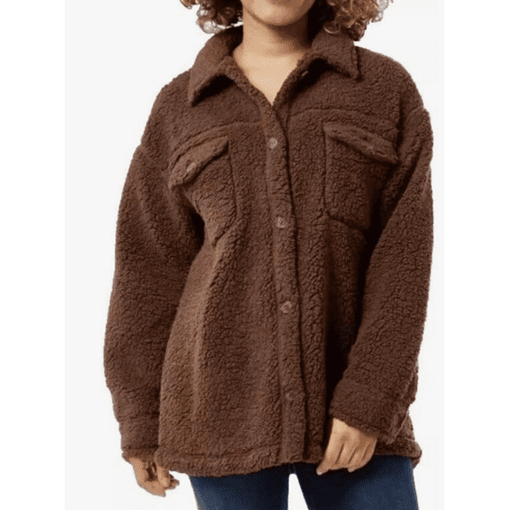 32 Degrees Women's Cozy Fleece Shirt Jacket Oversized, Brown, XL/XXL