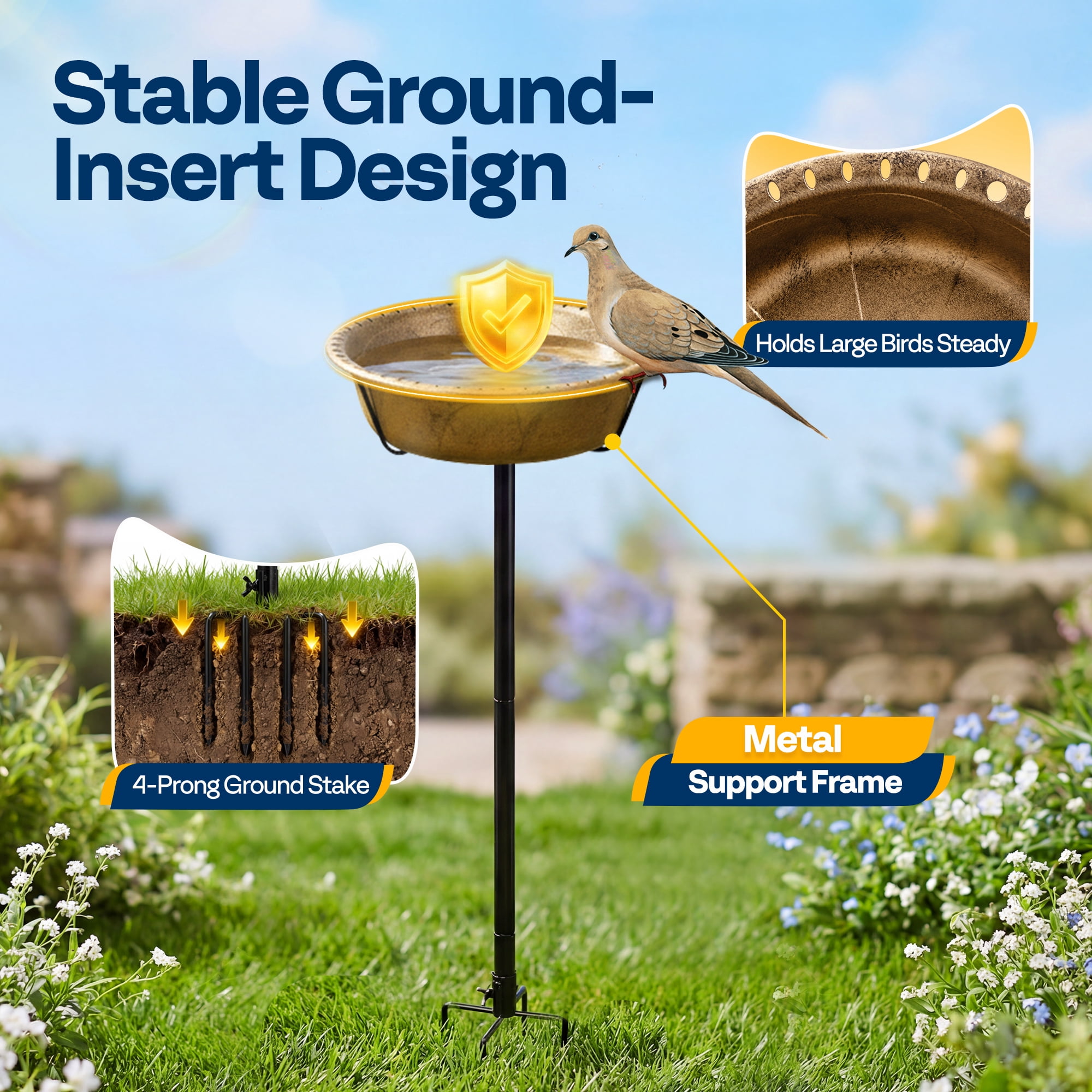 SPECSTAR Bird Bath for Outside, Outdoor 13'' Birdbath Bowl with Metal Ground Stake, Weather-Resistant ABS Bird Bath and Feeder for Garden, 1.45 Gallons, Copper