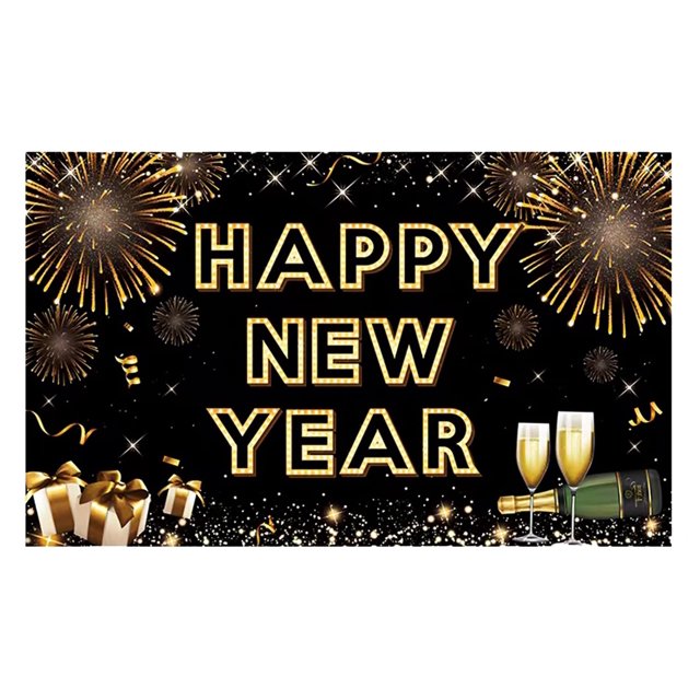 Banner Happy New Year 2024 para decoración de fiesta, negro y dorado