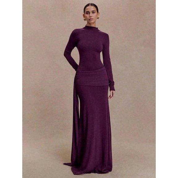 Purple Turtleneck Long Sleeve Maxi Dress With Ruched Waist Detail