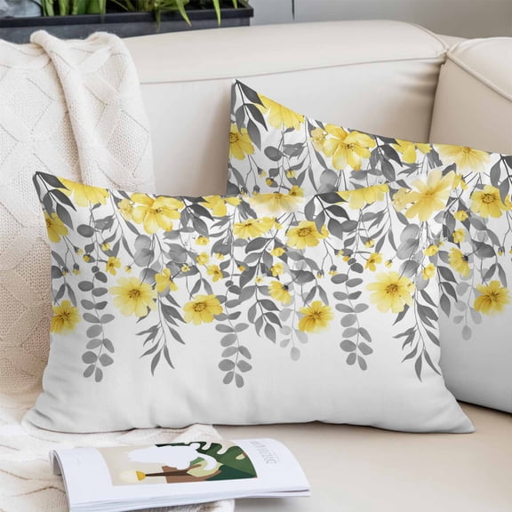 Yellow Floral Pillow Covers 12"x20", Farmhouse Spring Flowers Leaves Soft Brushed Microfiber Breathable Throw Pillow Covers, Pillowcase with Zipper for Couch Sofa Bedroom Living Room