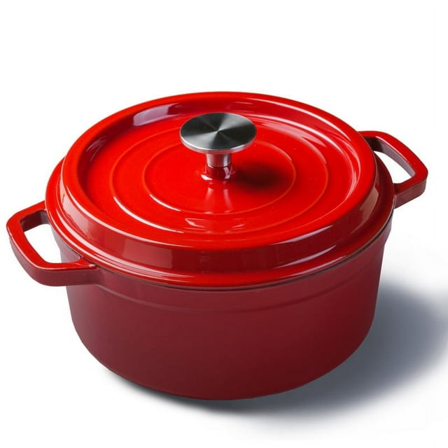 Olla de hierro esmaltada con tapa y asa doble de hierro fundido para cocina doméstica, color rojo, 24 cm
