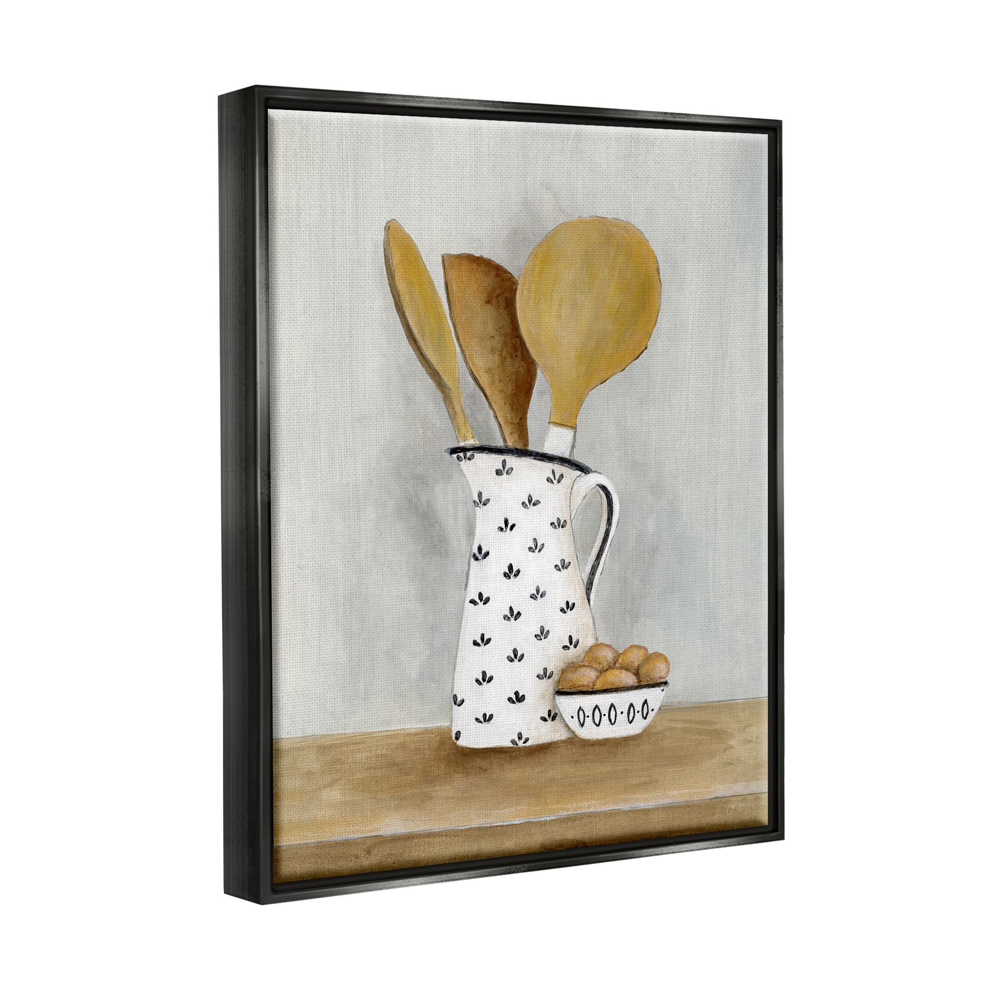 Stupell Industries Kitchen Eggs & Utensils Still Life Food & Beverage Painting Black Floater Framed Art Print Wall Art
