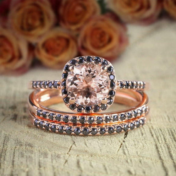 2 Carat Round Cut Morganite And Black Diamond Trio Wedding Set Bridal Ring Set With 18K Rose Gold Plating, Promise Ring, Anniversary Ring