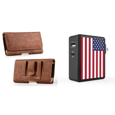 

Holster and Wall Charger Bundle for Nokia C200: Coin Card Wallet Belt Pouch Case (Brown) and 45W 2 Port (Power Delivery USB-C USB-A) Power Adapter (American USA Flag)