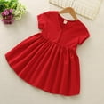 thumbnail image 2 of QTOCIO Toddler Girls Dresses, Baby Girl Summer Clothes, 3-8years Girls' Casual Solid Color Large Skirt Button Back Bow Short Sleeved V-neck Dress, Red, 7 Years, 2 of 8