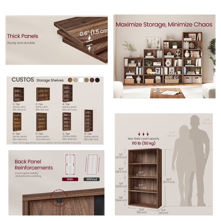 Ledrem 4-Tier Bookshelf with Adjustable Shelves, Natural Walnut photo 6