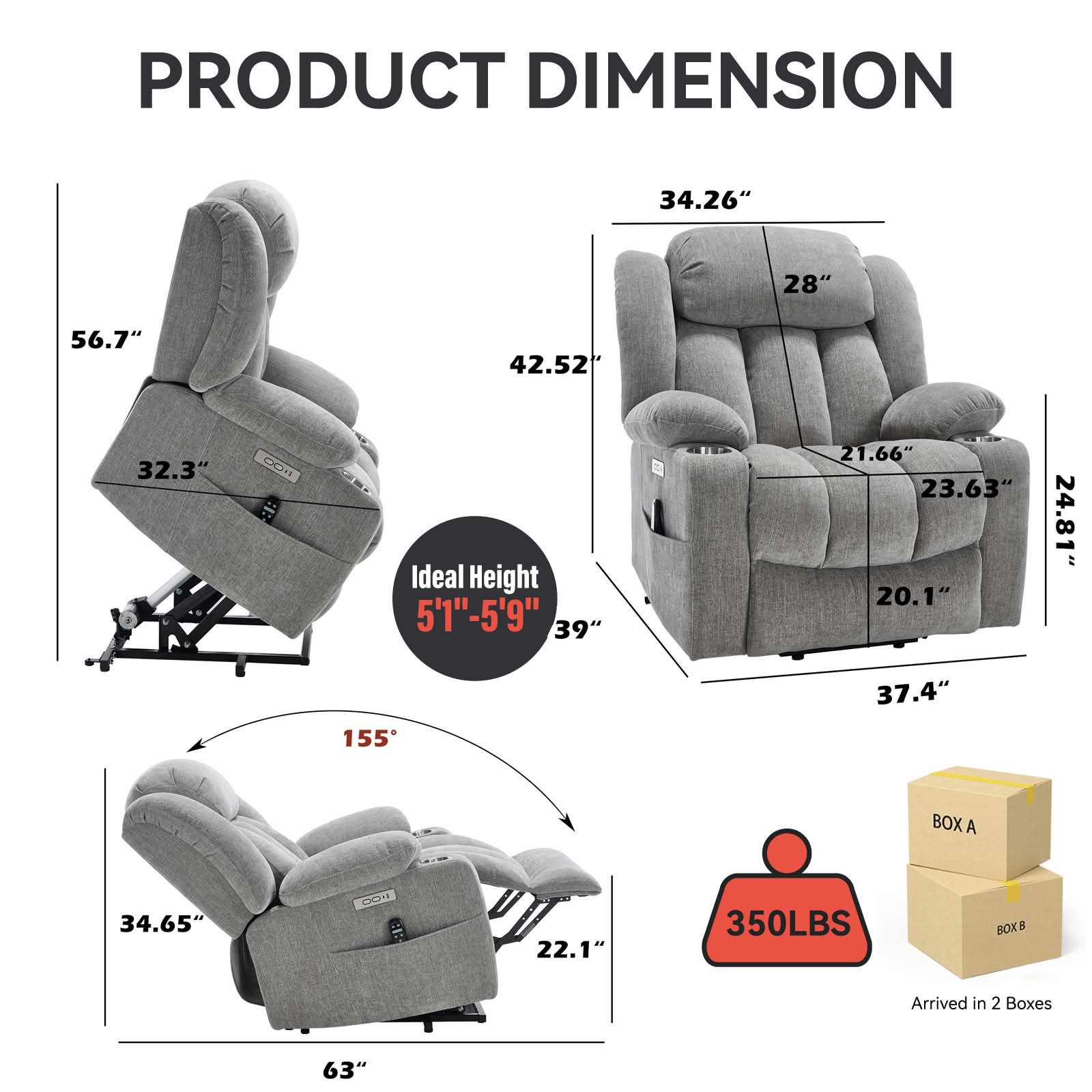 MAYEERTY Heavy Duty Beige Chenille Power Lift Recliner, 350lbs Massage Heat USB-C Cup Holders for Elderly 35"x29"x43"