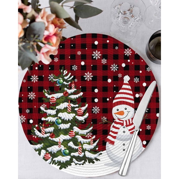 13 Inch Round Placemats Set of 4, Christmas Non Slip Heat Insulation PP Table Mats, Snowman Tree Snowy Red Black Buffalo Plaid Washable Place Mats for Kitchen Dining Party Table Decor