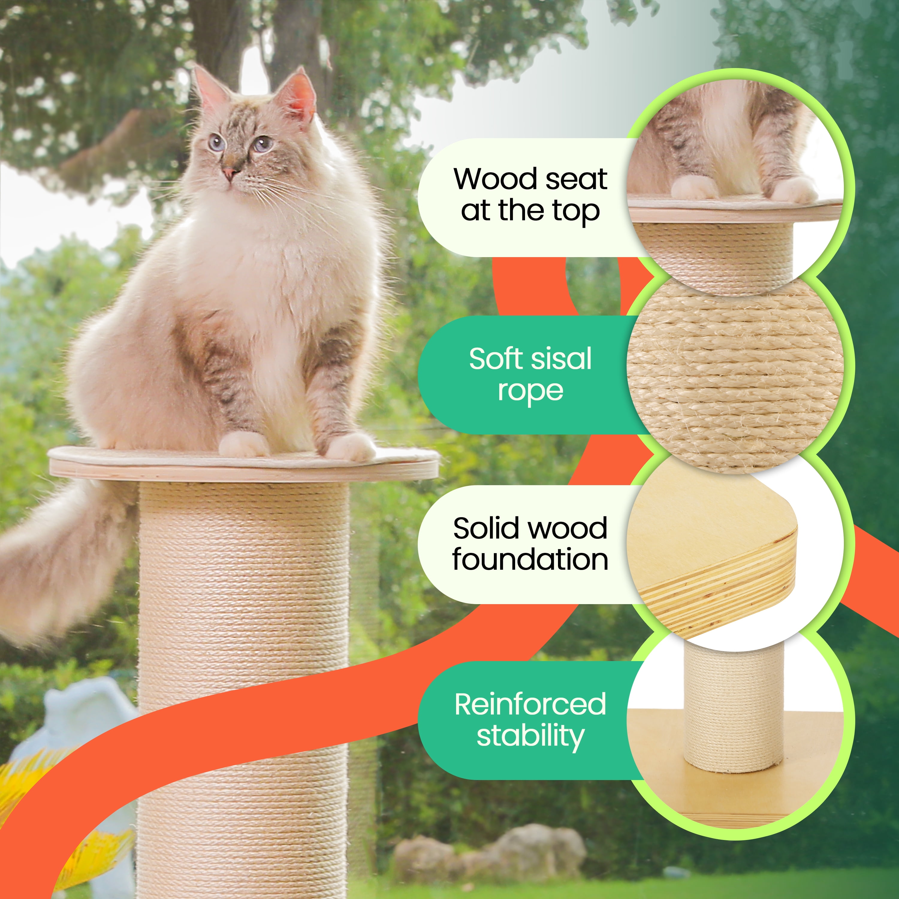 50" Tall Cat Scratching Post, Extra-Large Cat Scratch Post for Biggest Cats (Maine Coon), 7.3” Thick Post, 36lbs Weight, Solid Wood Base & Natural Sisal Rope