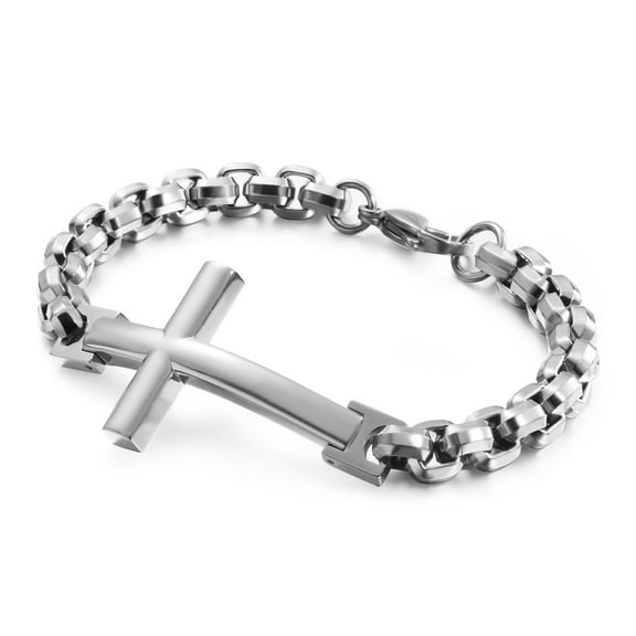 Raymard Mens Christian Silver Cross 316L Stainless Steel Chain Bracelet, 8.7" Link Bracelet for Men