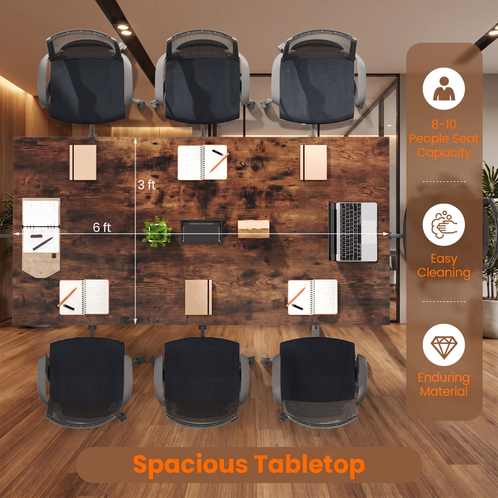 Furnibear 6 Feet Conference Room Table Large Rectangular Meeting Table Seats 8 to 10 People for Office Boardroom, Rustic Brown